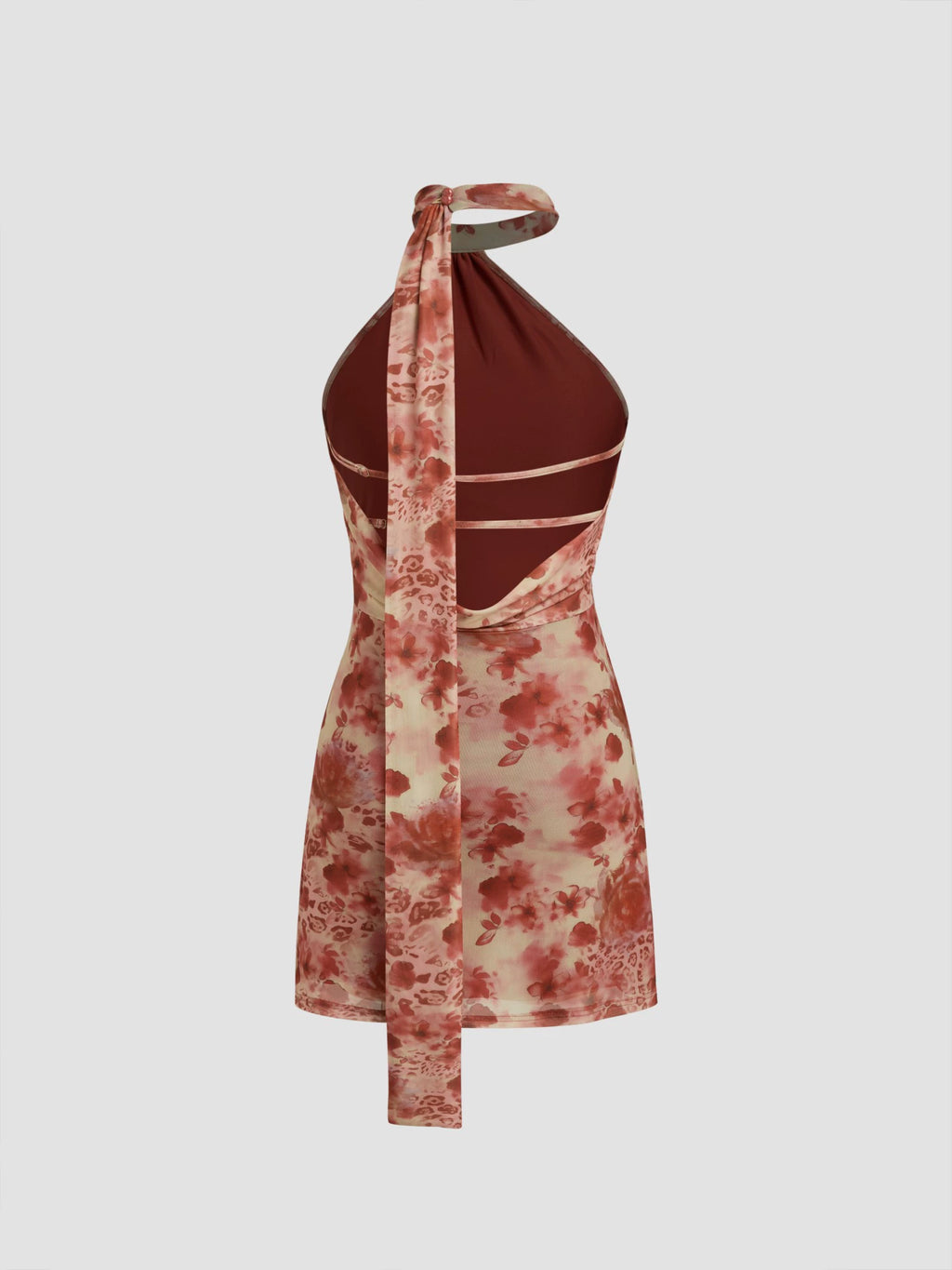 Openwork Halterneck Floral Leopard Print Backless Mini Dress