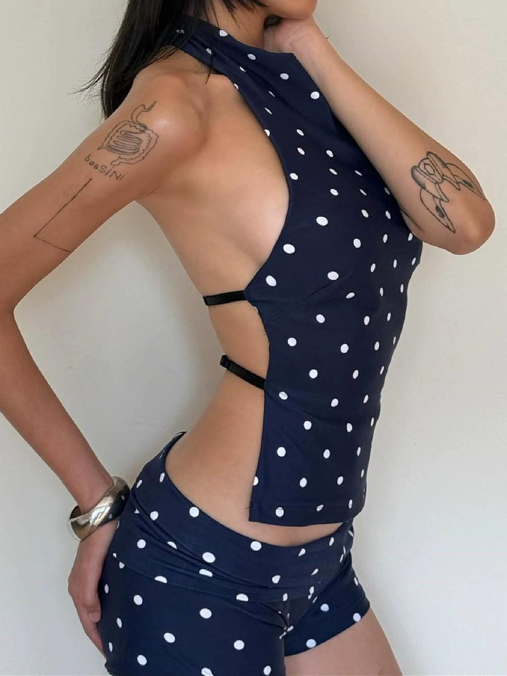 Polka dot cut-out backless halterneck top + shorts two-piece set of summer new pure desire fashion versatile suit