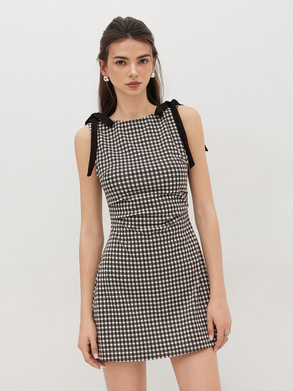 Plaid Dress Short Bow Pleated Crew Neck Design Sleeveless Vest Dress