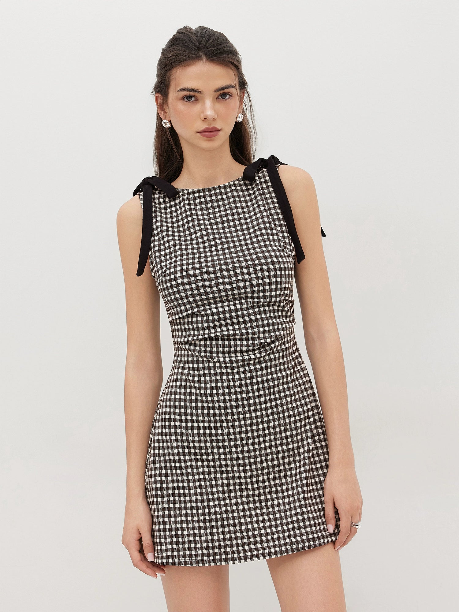 Plaid Dress Short Bow Pleated Crew Neck Design Sleeveless Vest Dress