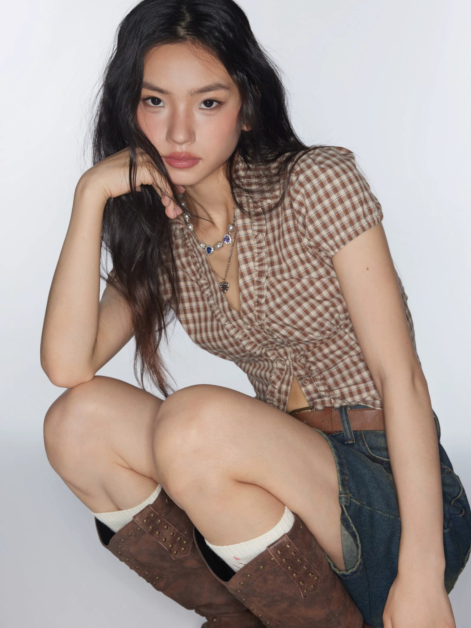 Star same genuine cotton V-neck retro plaid pinched waist small waist shirt top