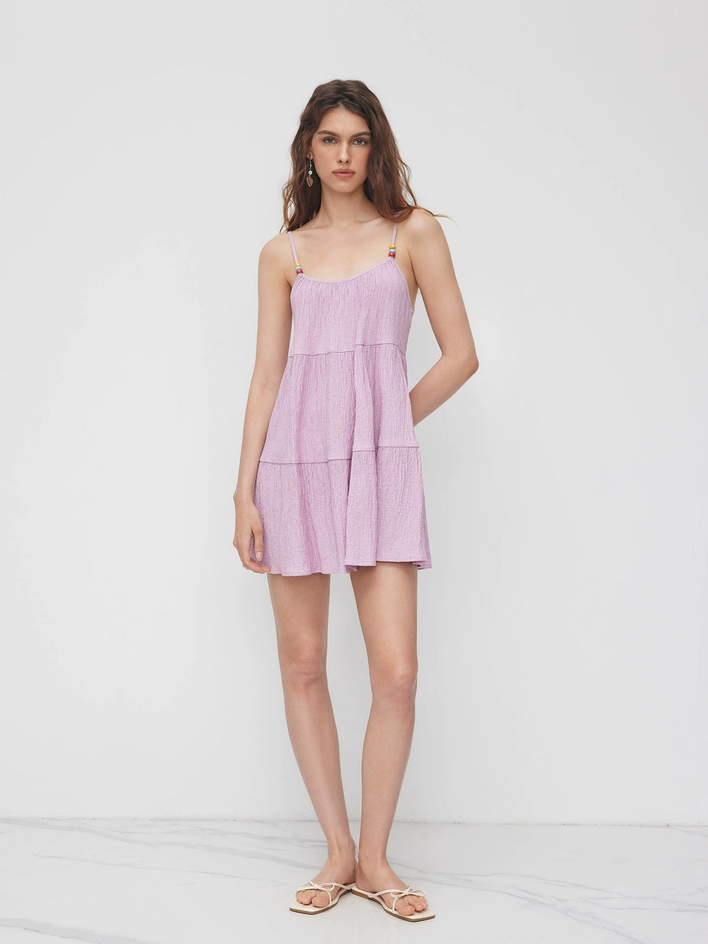 Linen-blend square neck beaded layered mini dress