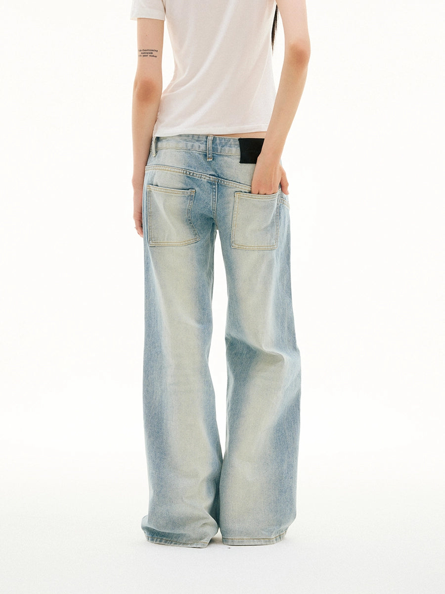 Diagonal Breasted Placket Low Rise Light Blue Wash Straight Jeans Trousers