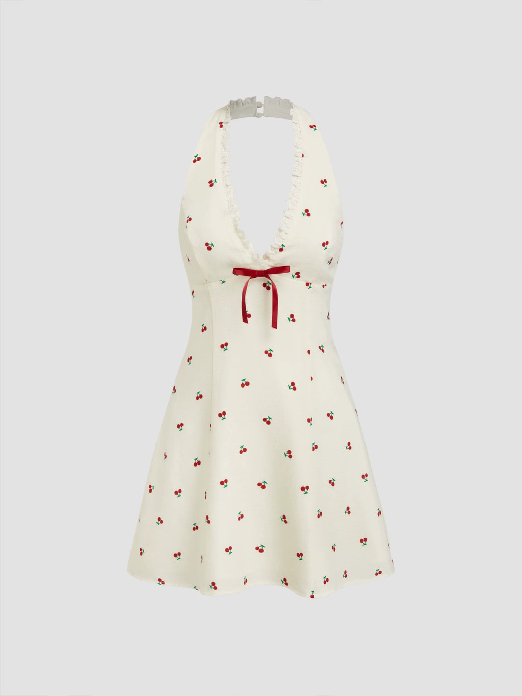 Halterneck Cherry Ruffle Bow Mini Dress