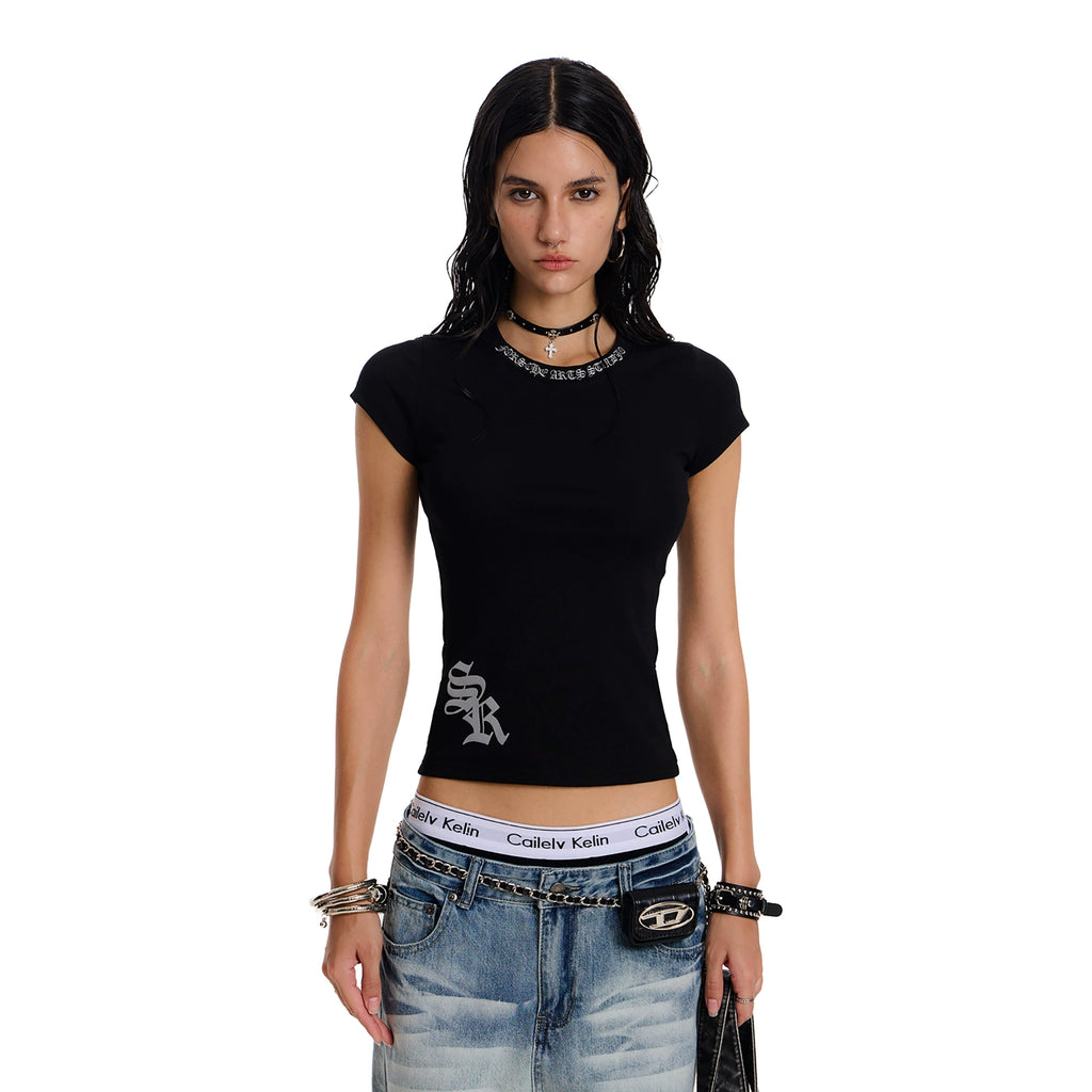 Gothic slim American shoulder T-shirt American retro fashion brand slim hot girl short sleeve top