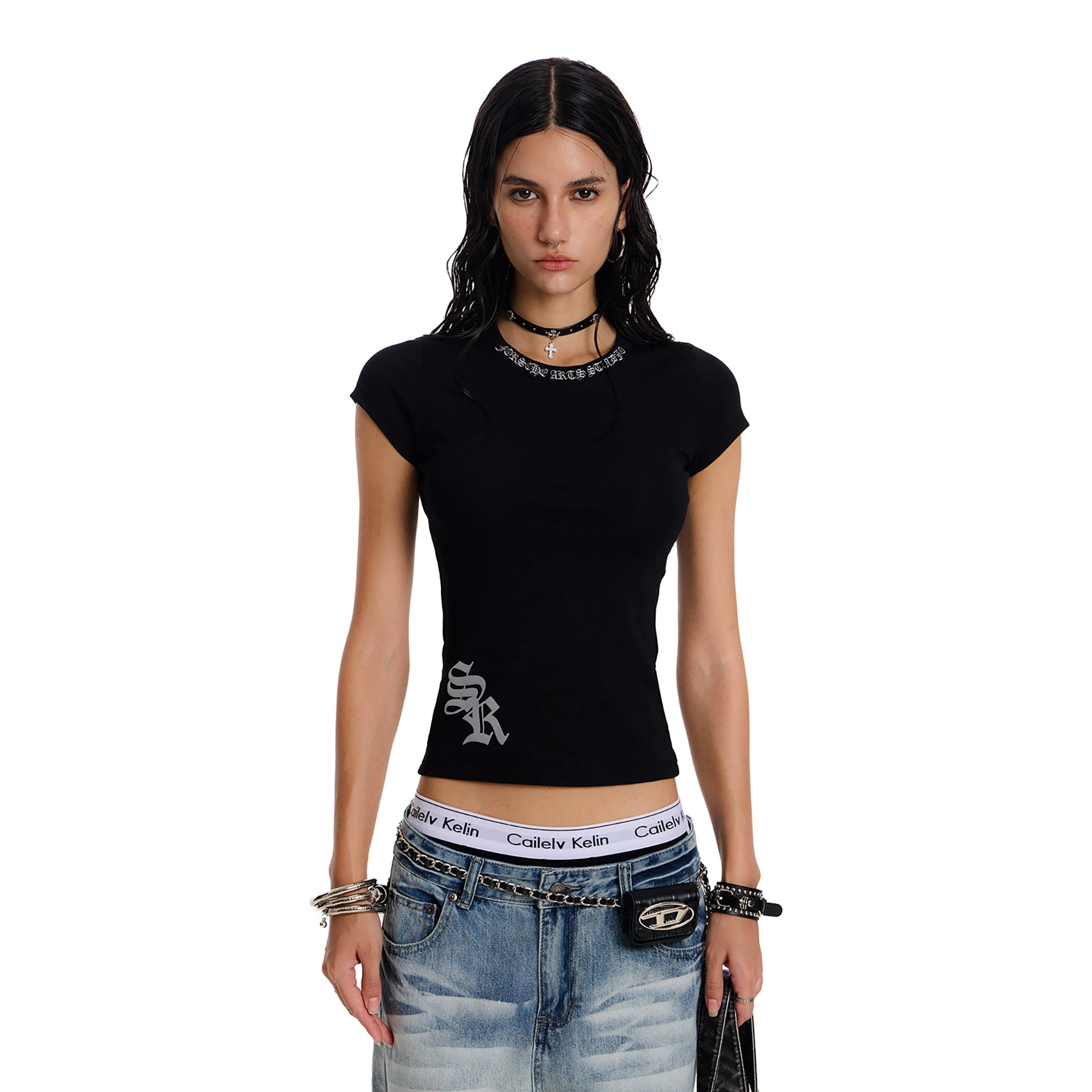 Gothic slim American shoulder T-shirt American retro fashion brand slim hot girl short sleeve top