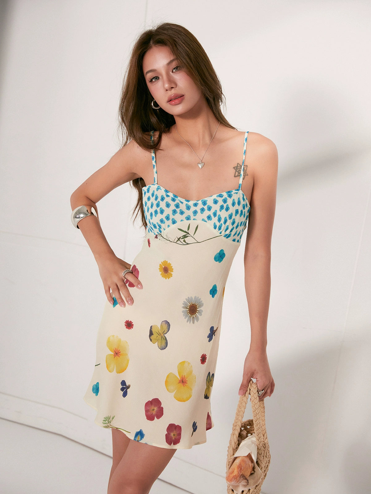 Niche seaside resort style drape colorful print floral slip dress bias dress women's summer