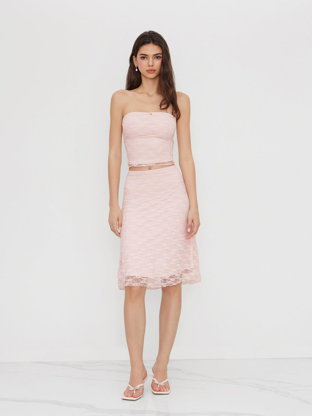 Floral lace bandeau top with mermaid midi skirt set