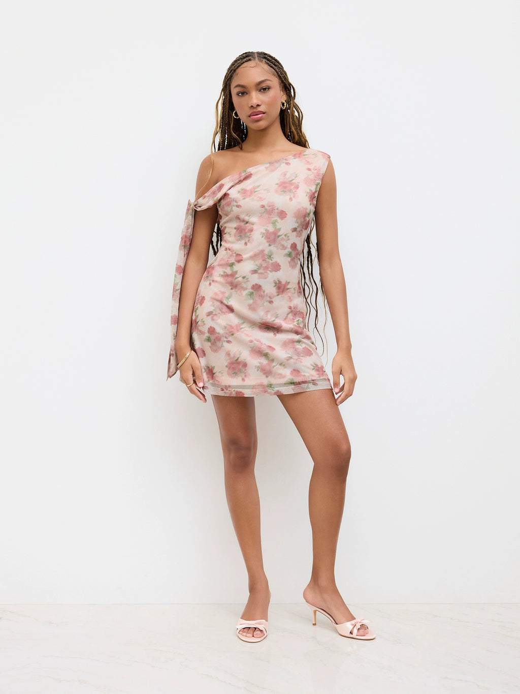 Floral Lace-up Asymmetrical Neckline Mini Dress