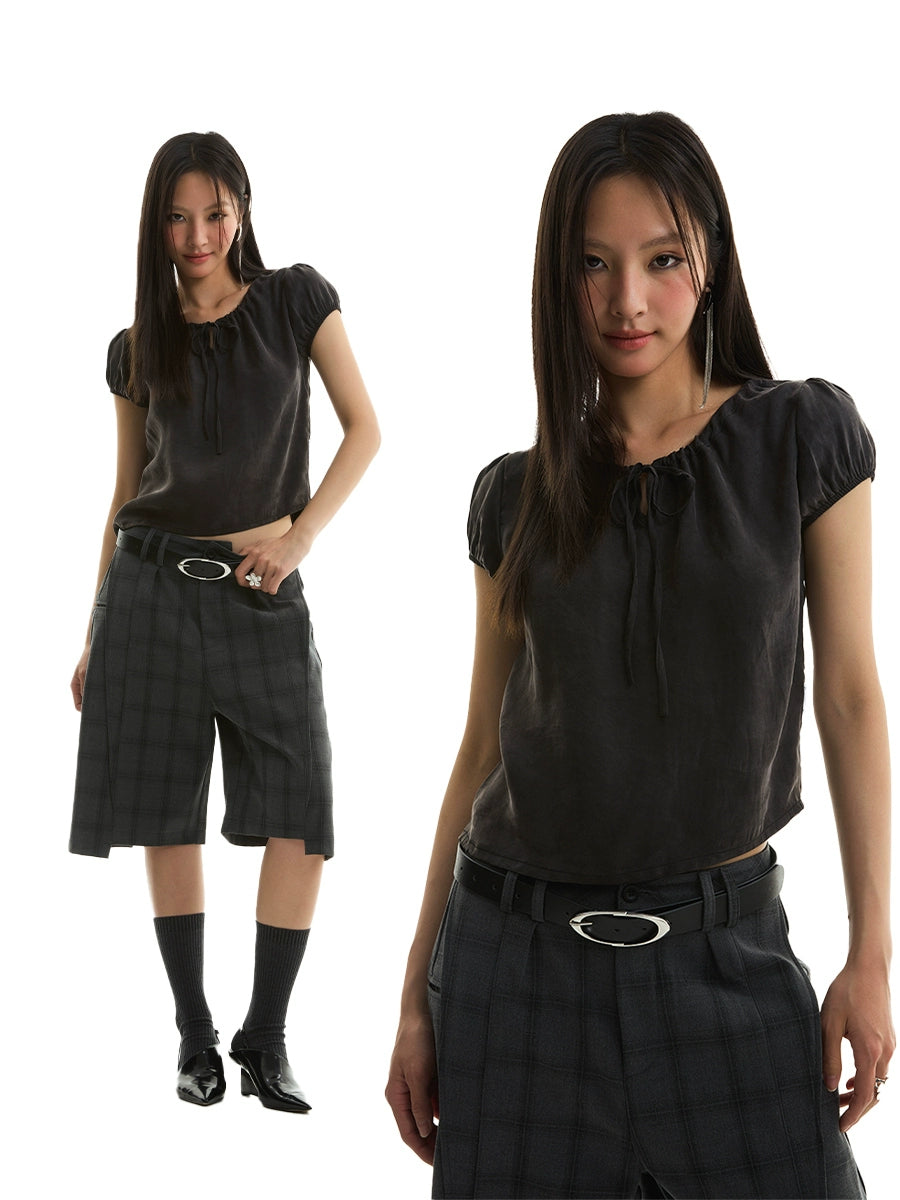 Drawstring Neckline Design Elastic Puff Sleeve Smooth Fabric Short Sleeve T-Shirt