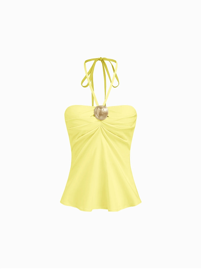 cotton-blend neck camisole pleated design metal-trimmed sleeveless top