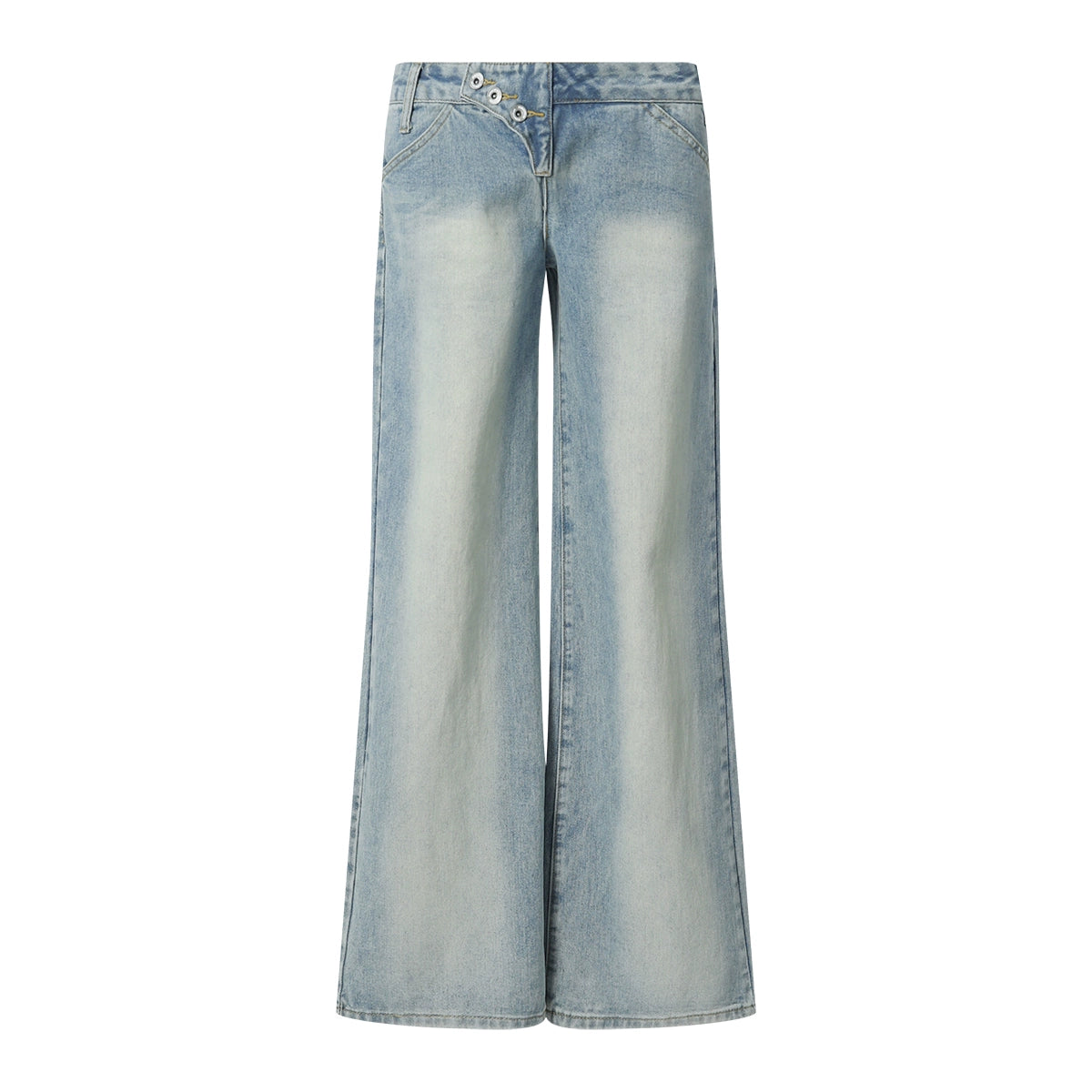 Diagonal Breasted Placket Low Rise Light Blue Wash Straight Jeans Trousers