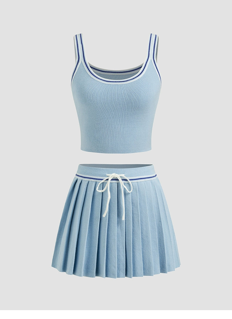 Knitted U-Neck Striped Vest with Mid-Rise Pleated Mini Skirt Set