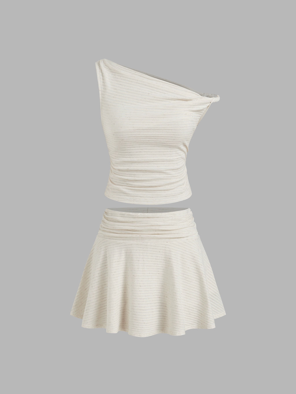 Cotton Blend Asymmetrical Kinked Slanted Shoulder Striped Top + Mini Short Skirt Set