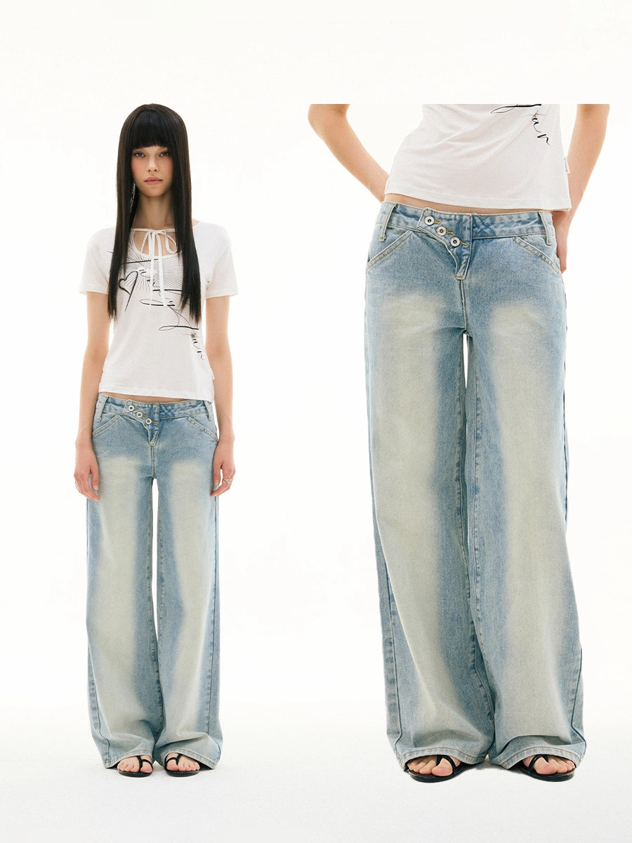 Diagonal Breasted Placket Low Rise Light Blue Wash Straight Jeans Trousers