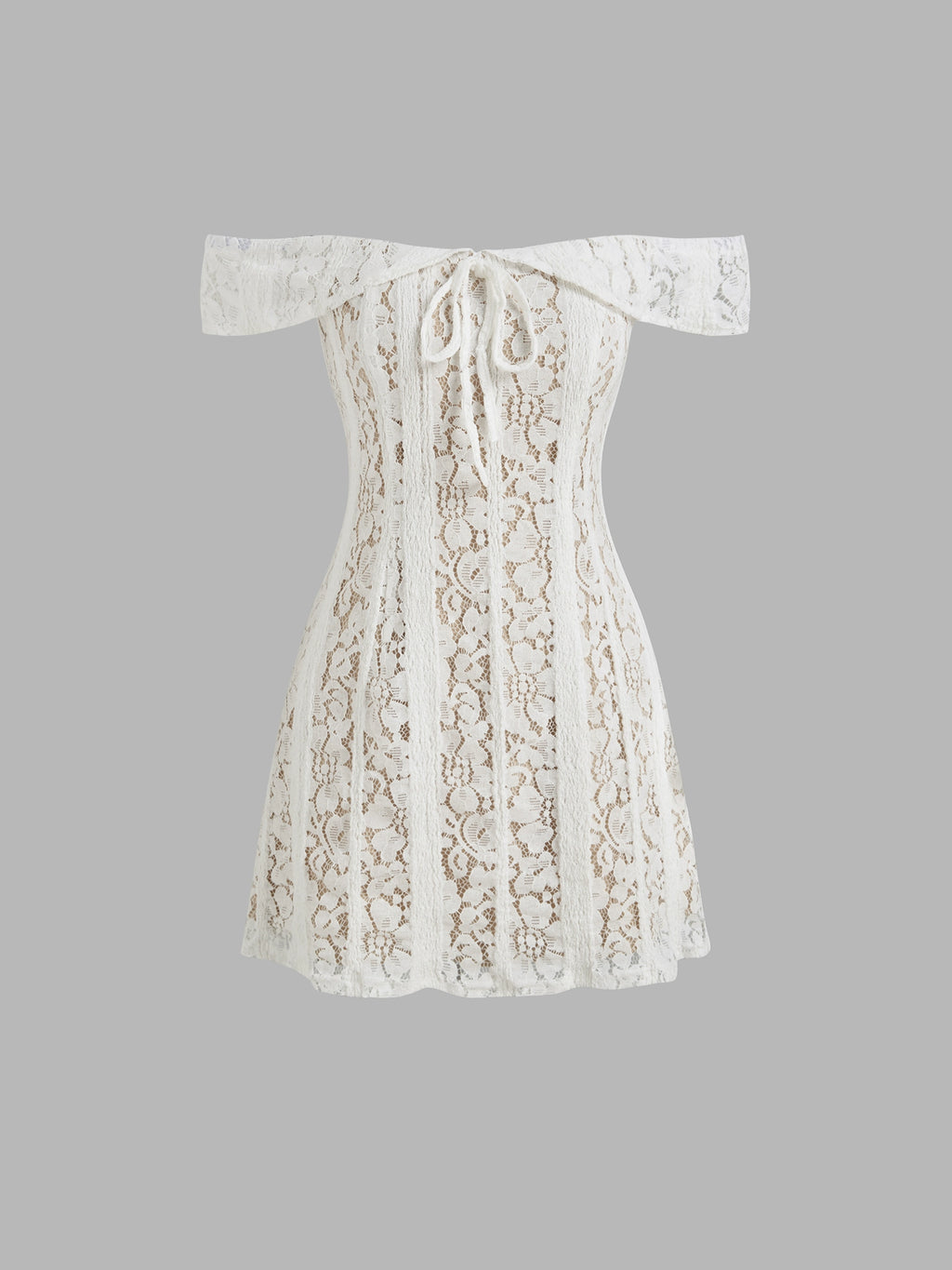 Lace Straight Neck Off-the-Shoulder Short Skirt Lace-up Waist Cropped Mesh One-Shoulder Dress