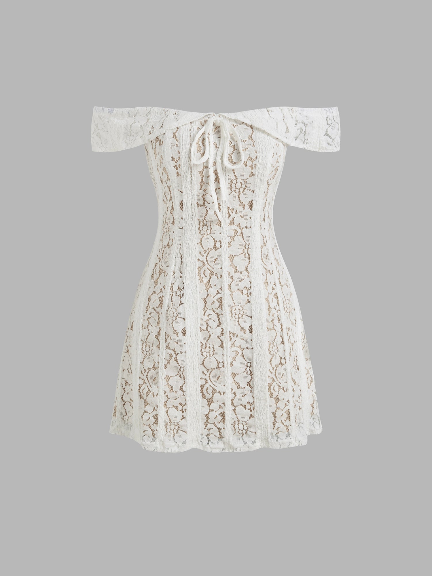 Lace Straight Neck Off-the-Shoulder Short Skirt Lace-up Waist Cropped Mesh One-Shoulder Dress