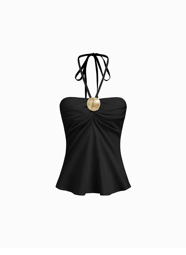 cotton-blend neck camisole pleated design metal-trimmed sleeveless top