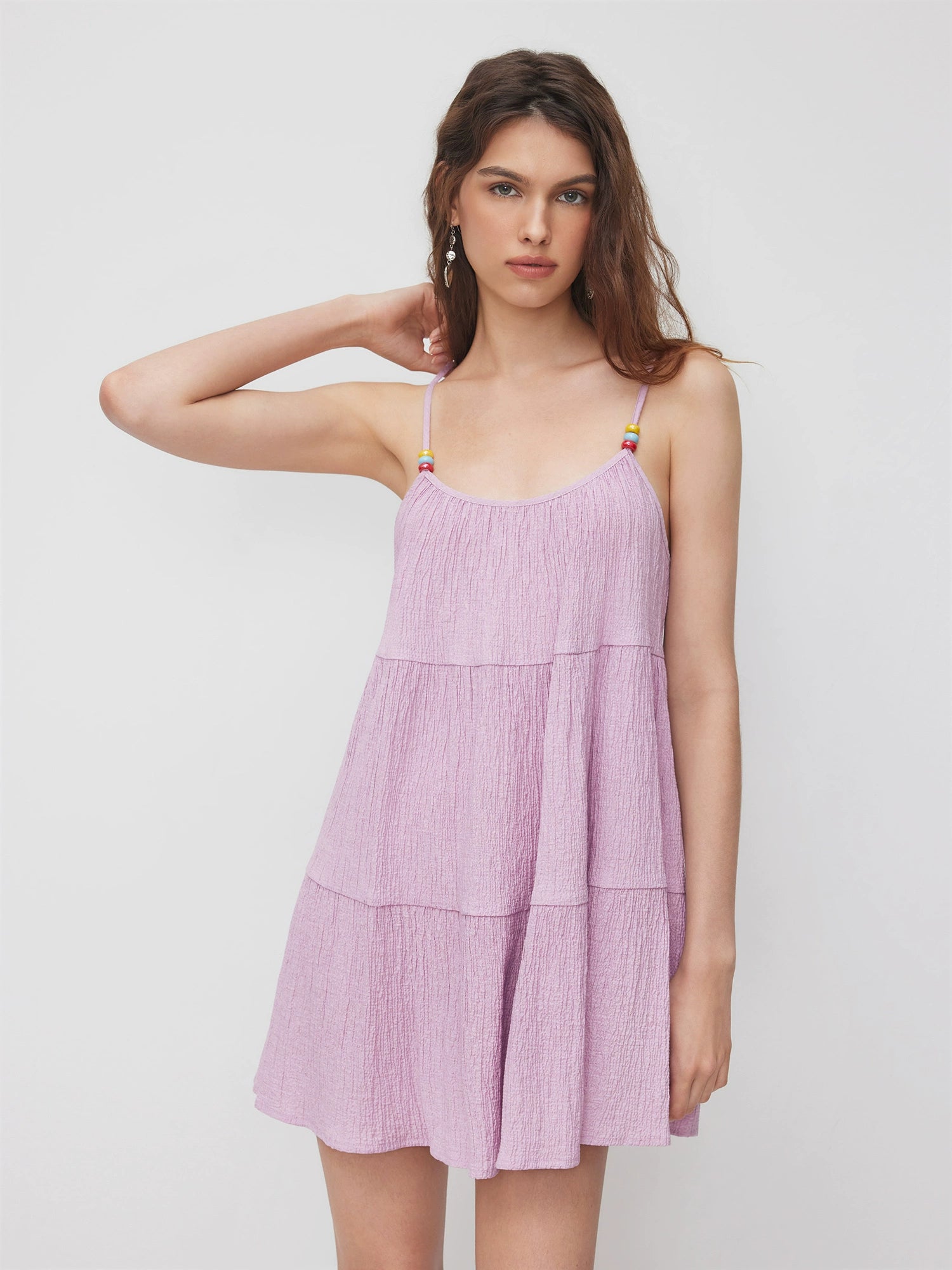 Linen-blend square neck beaded layered mini dress