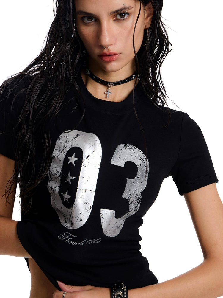 distressed crack letter shoulder t-shirt women's american retro slim fit babes short sleeve top summer