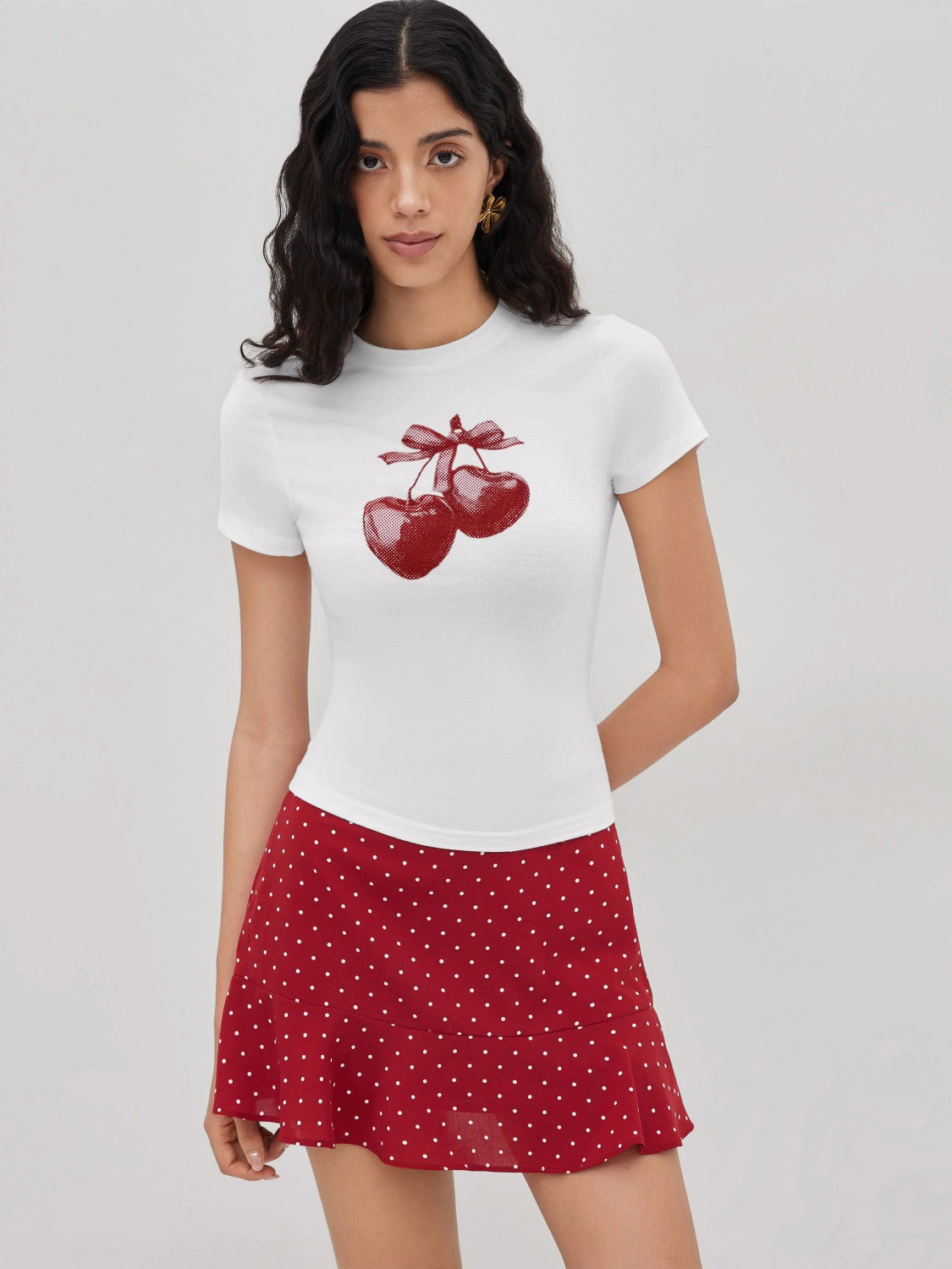 star same genuine cherry print niche crew neck short-sleeved shoulder T-shirt