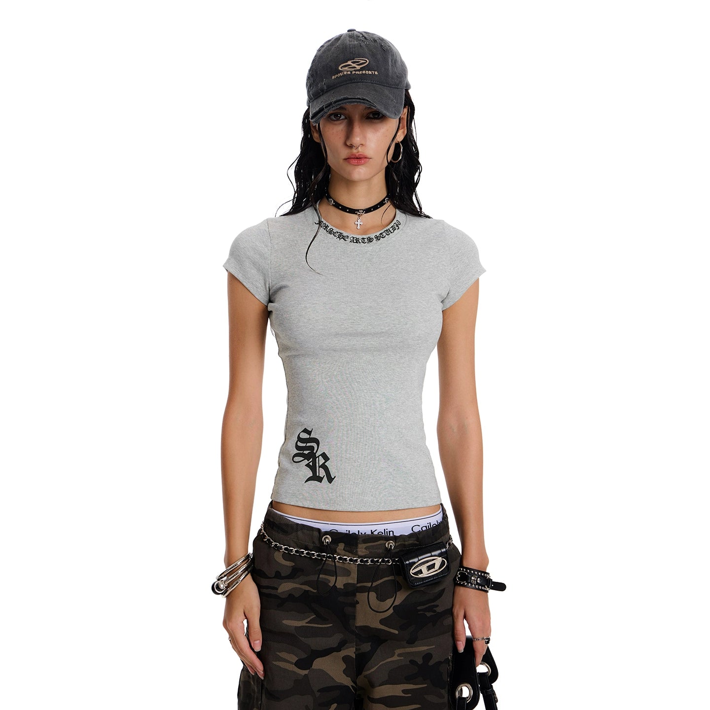 Gothic slim American shoulder T-shirt American retro fashion brand slim hot girl short sleeve top