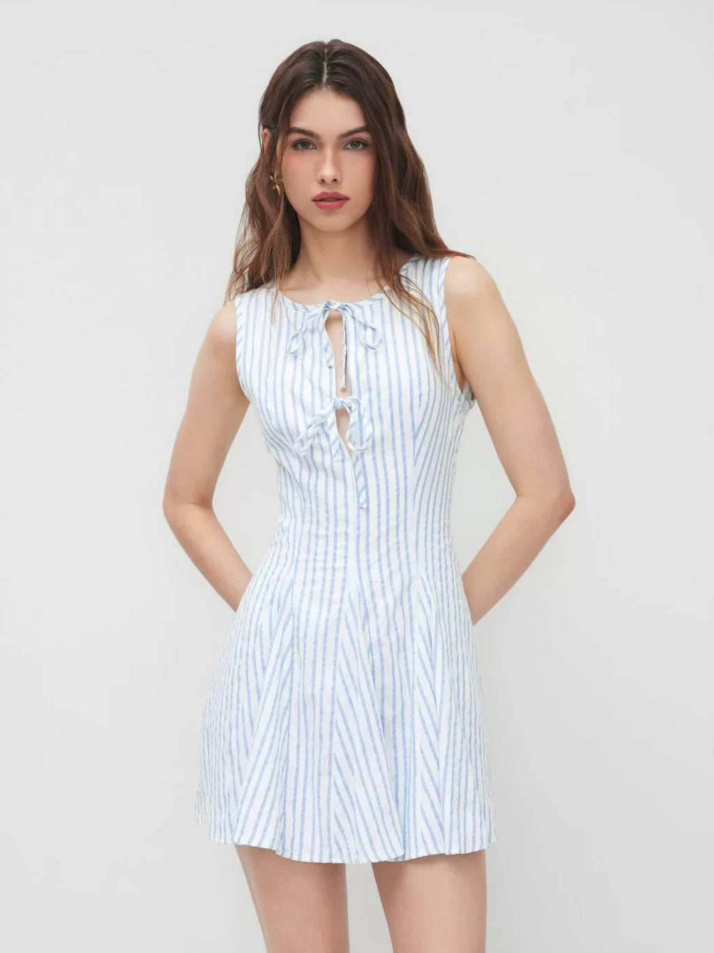 Cotton-Blend Striped Lace-Up Front Pleated Mini Dress