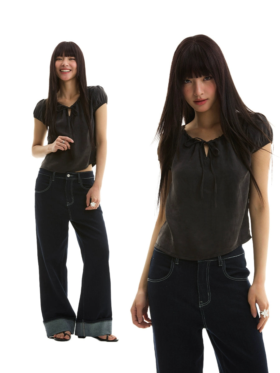 Drawstring Neckline Design Elastic Puff Sleeve Smooth Fabric Short Sleeve T-Shirt