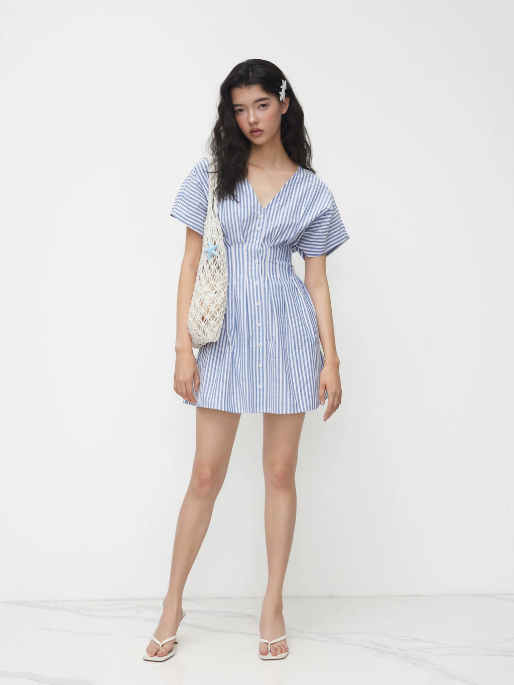 Cotton-Blend V-Neck Striped Waist Cropped Shirt Dress