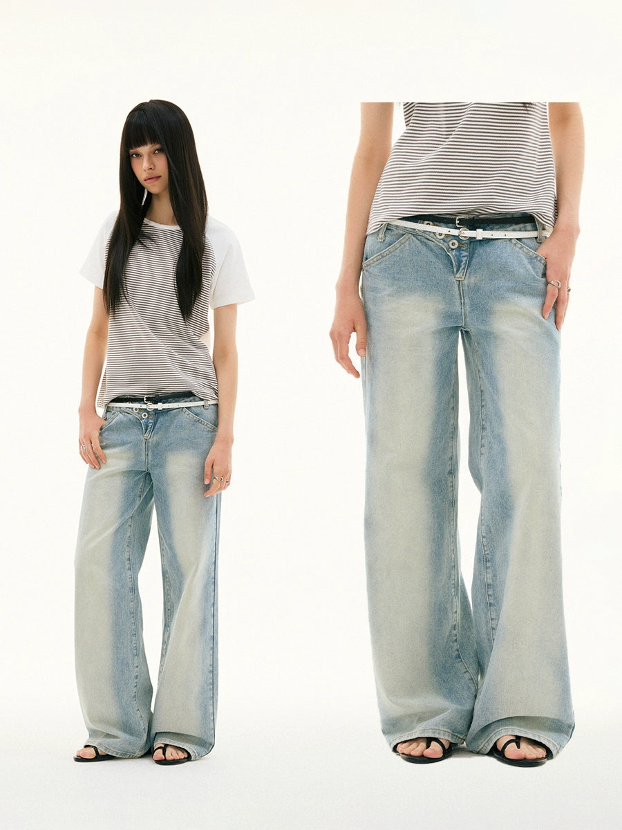 Diagonal Breasted Placket Low Rise Light Blue Wash Straight Jeans Trousers