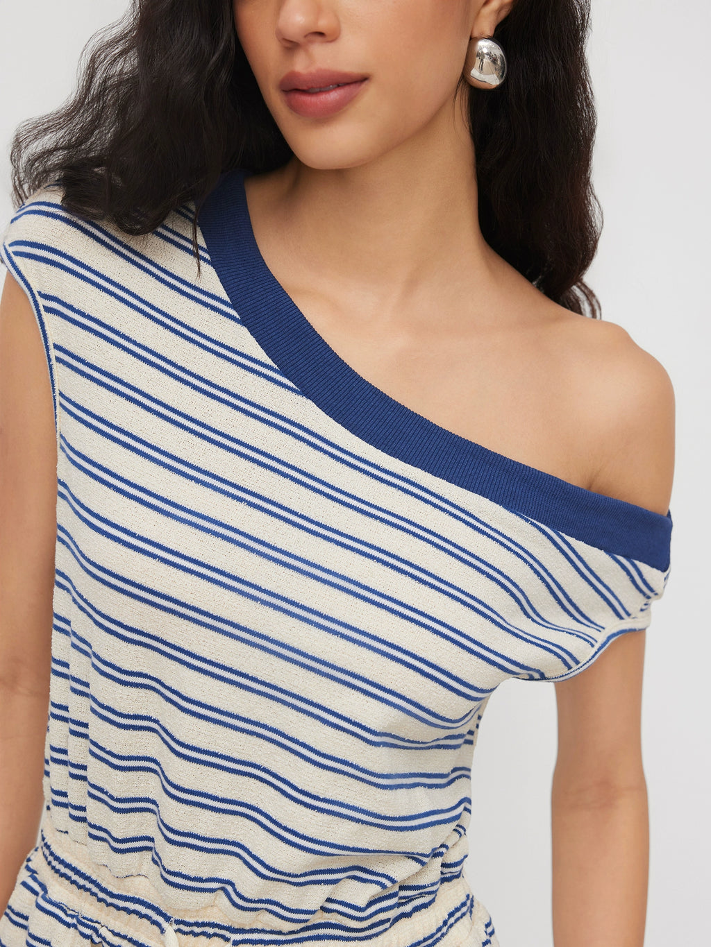 Contrast Drawstring Cotton-Blend Asymmetrical Collar Striped Jumpsuit