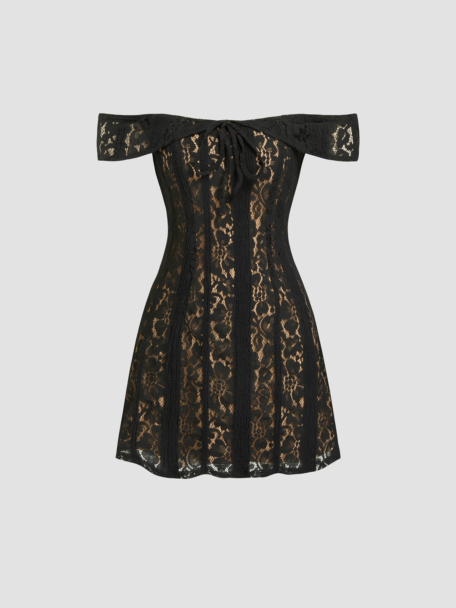 Lace Straight Neck Off-the-Shoulder Short Skirt Lace-up Waist Cropped Mesh One-Shoulder Dress