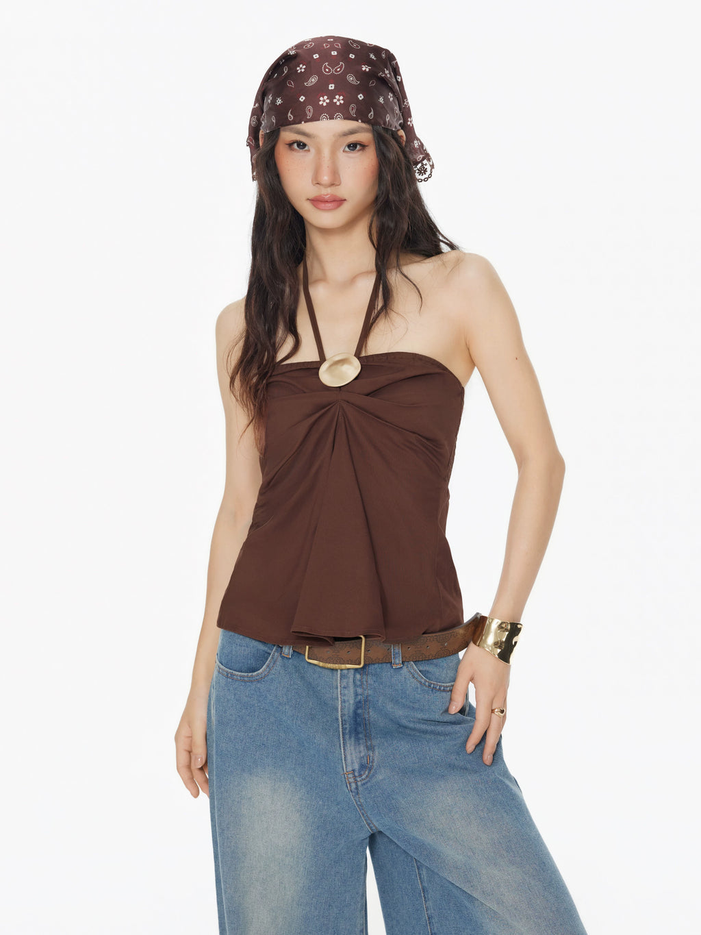 cotton-blend neck camisole pleated design metal-trimmed sleeveless top