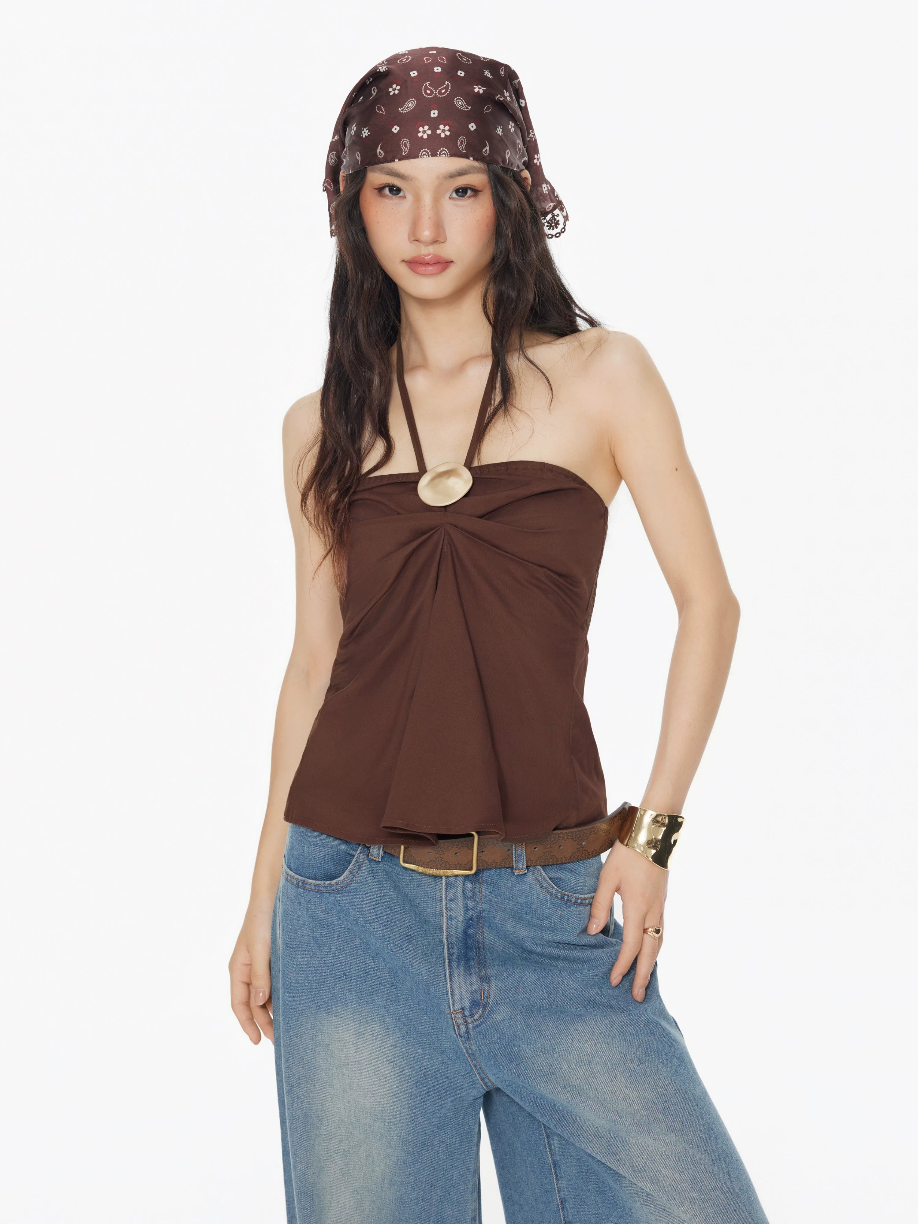 cotton-blend neck camisole pleated design metal-trimmed sleeveless top