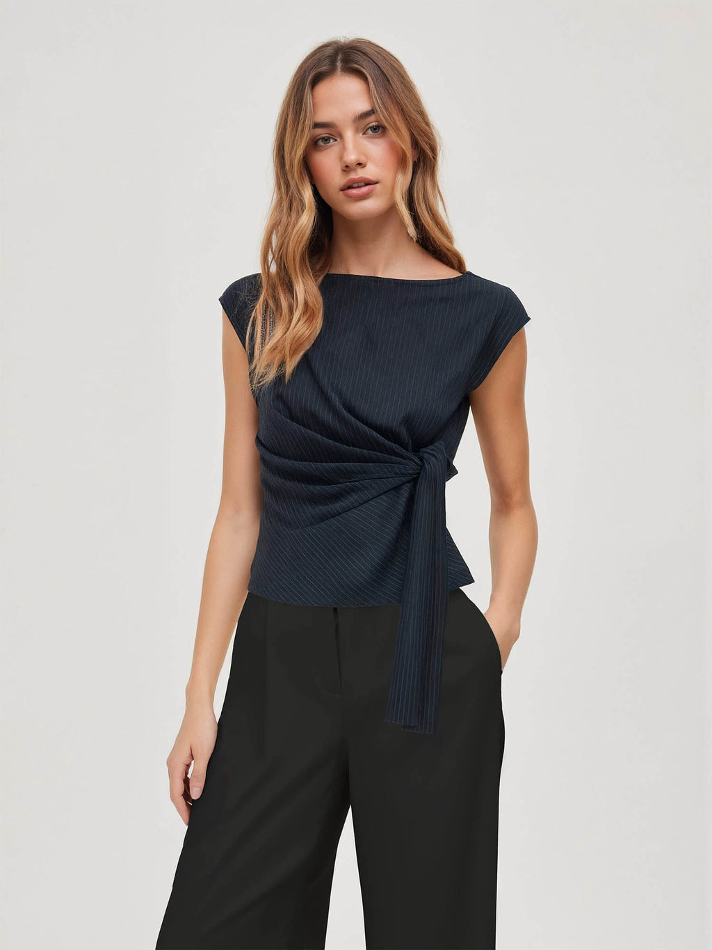 boat-neck striped lace-up loose top