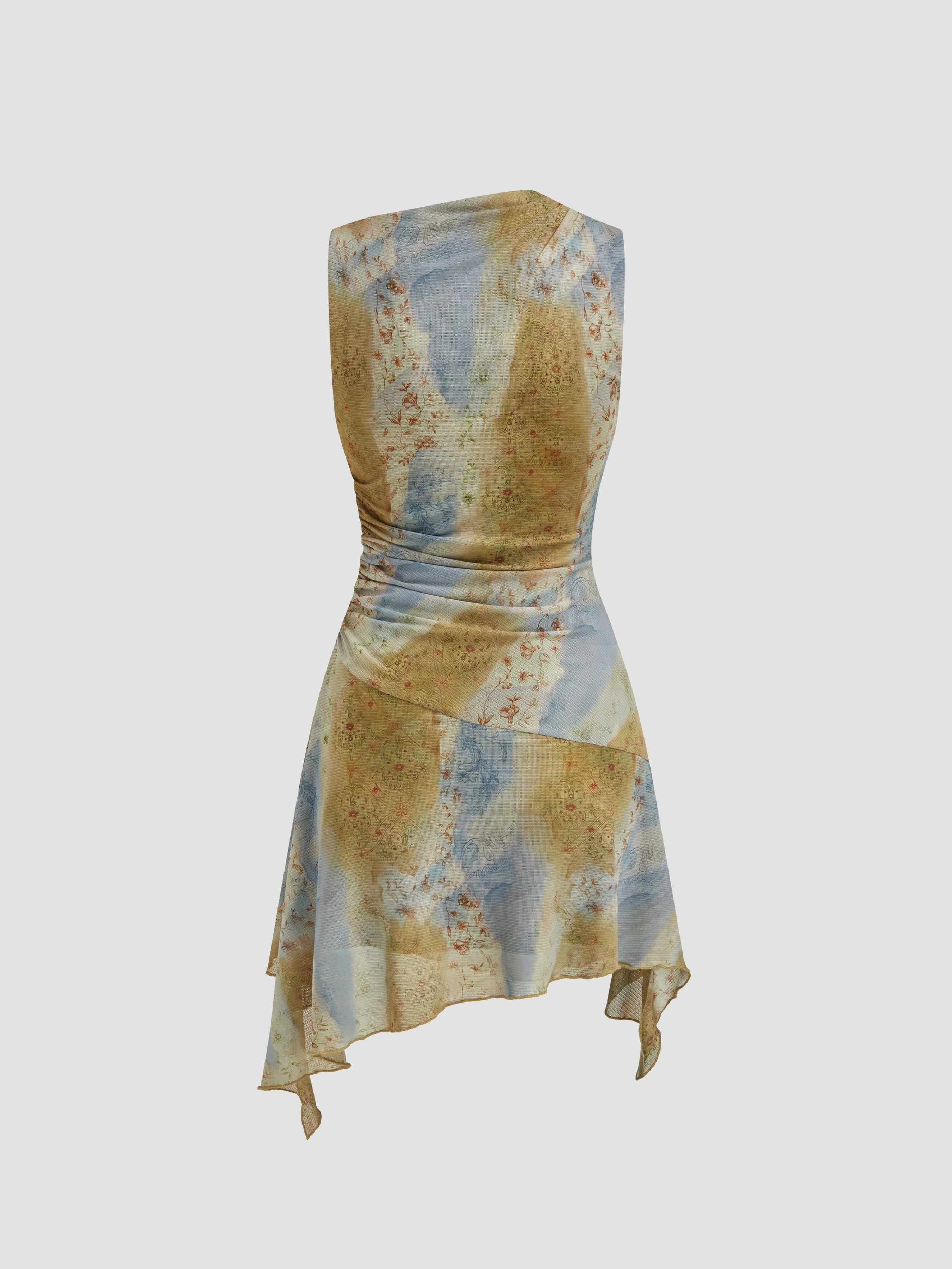 tie-dyed floral skirt asymmetric design high sense lace-up gauze tulle dress