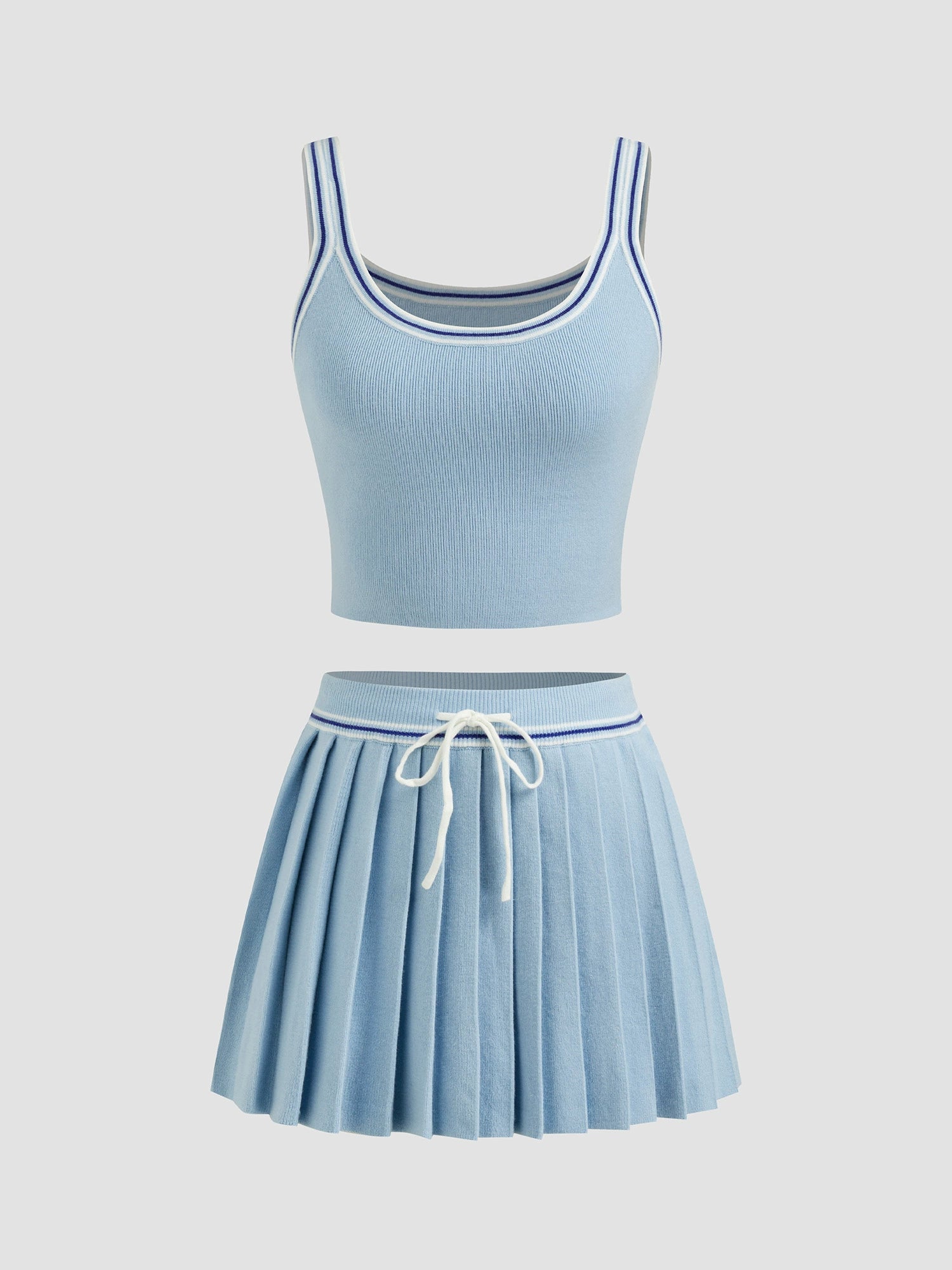 Knitted U-Neck Striped Vest with Mid-Rise Pleated Mini Skirt Set
