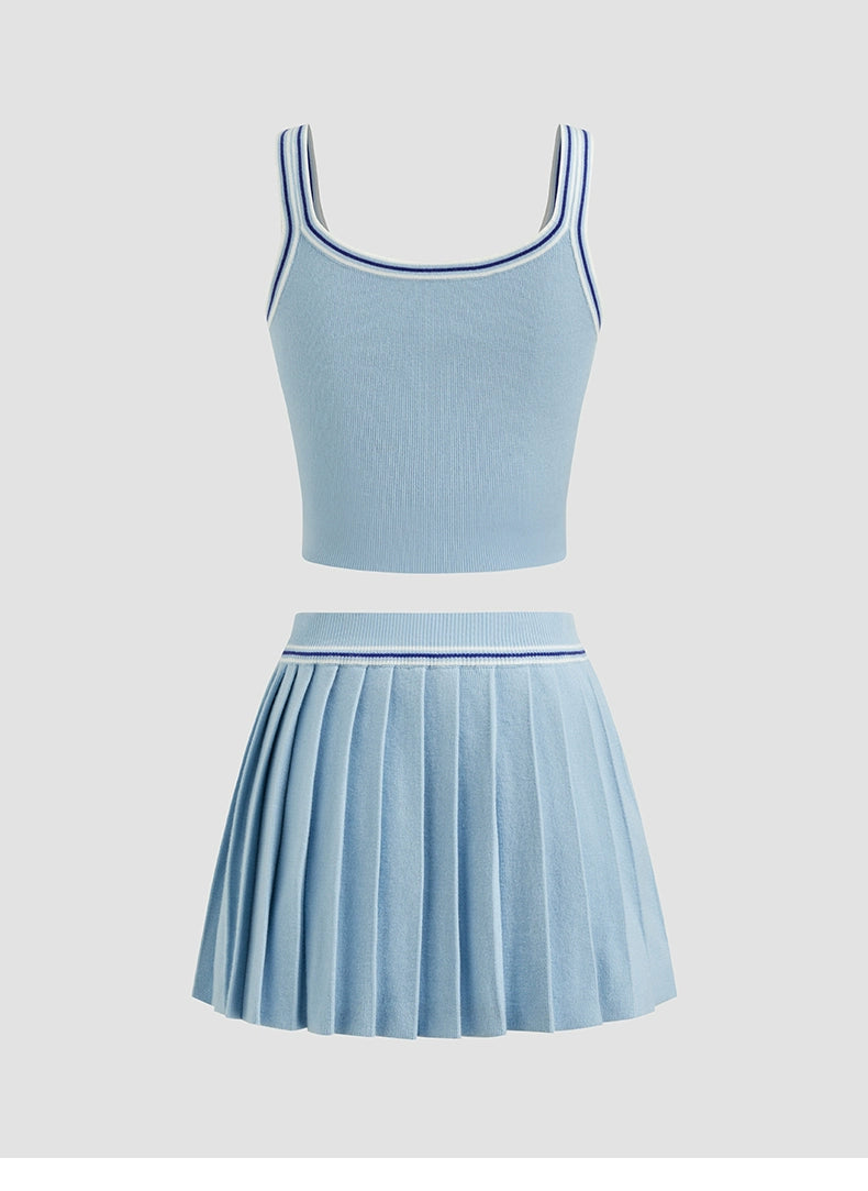 Knitted U-Neck Striped Vest with Mid-Rise Pleated Mini Skirt Set