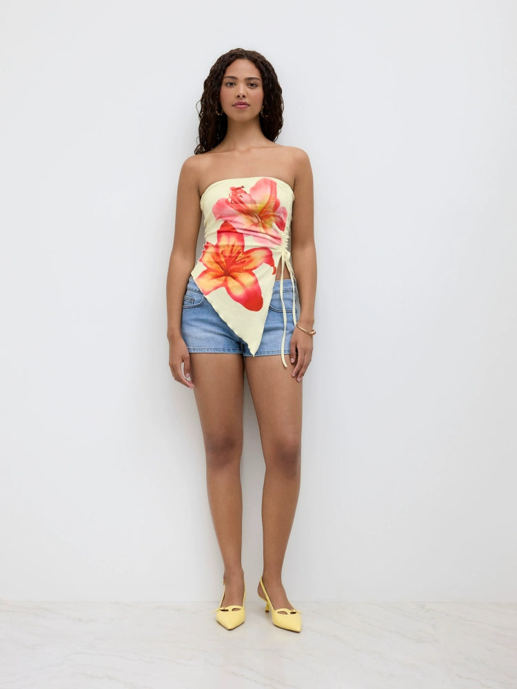 Star genuine goods Floral Printed Drawstring Asymmetric Vacation Top