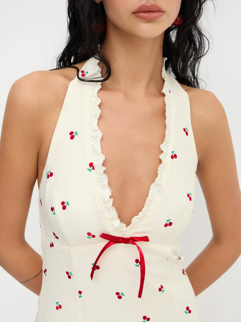 Halterneck Cherry Ruffle Bow Mini Dress