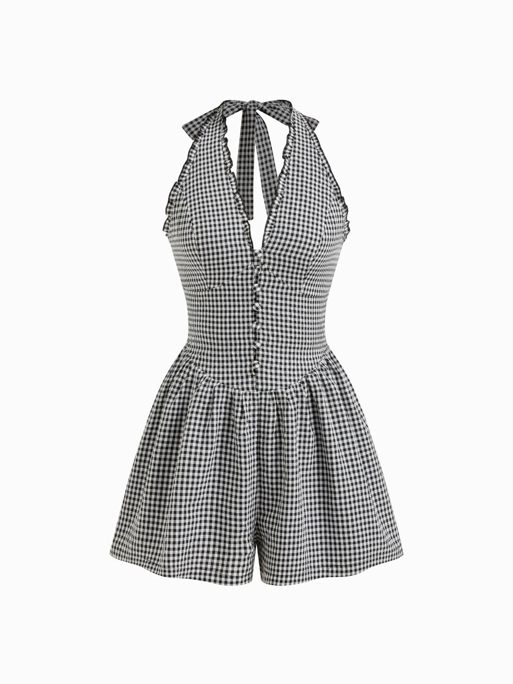Plaid Halterneck Jumpsuit Shirring Lace-up Fungus Edge Backless Slim Bodysuit Shorts