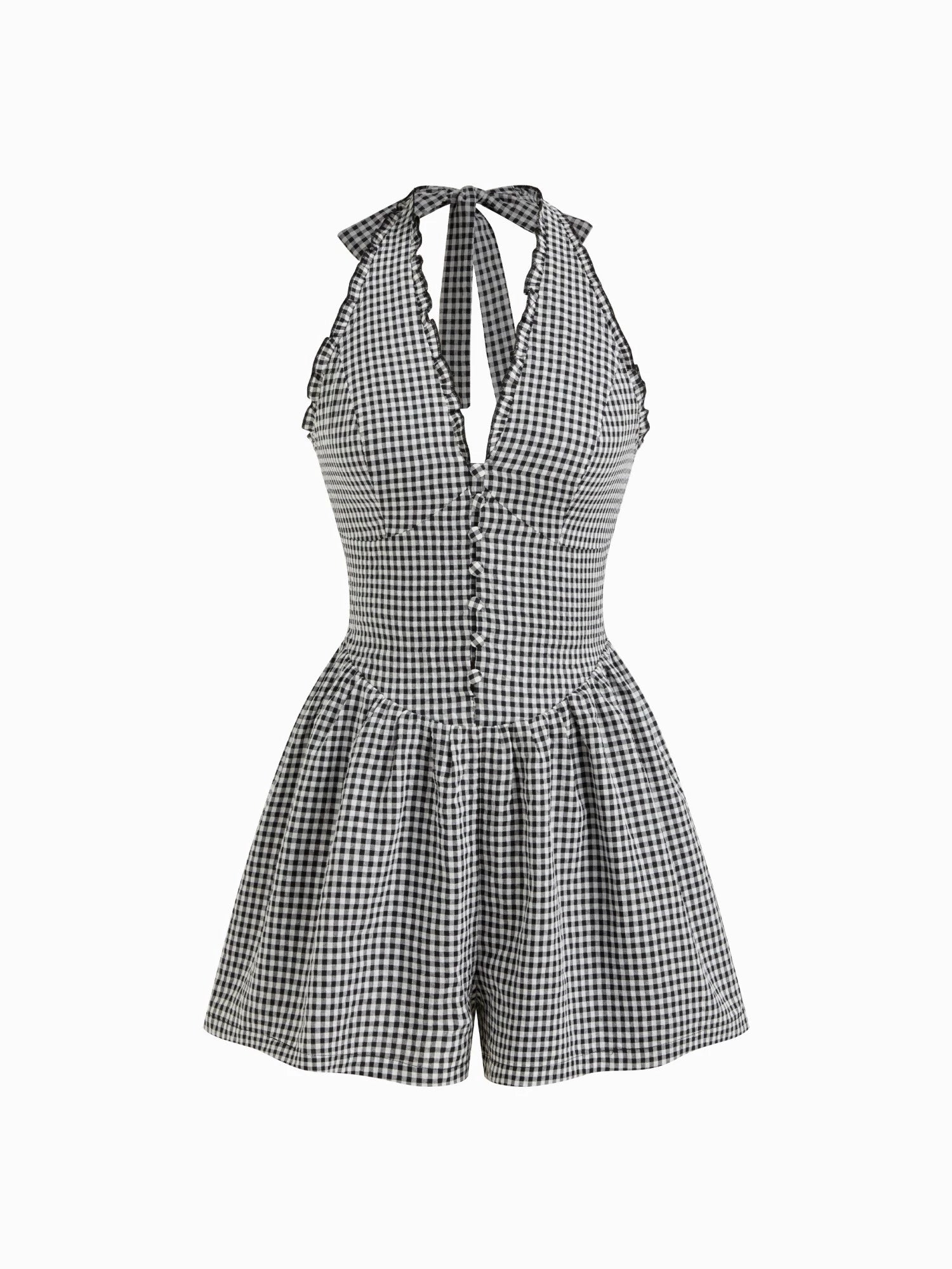 Plaid Halterneck Jumpsuit Shirring Lace-up Fungus Edge Backless Slim Bodysuit Shorts