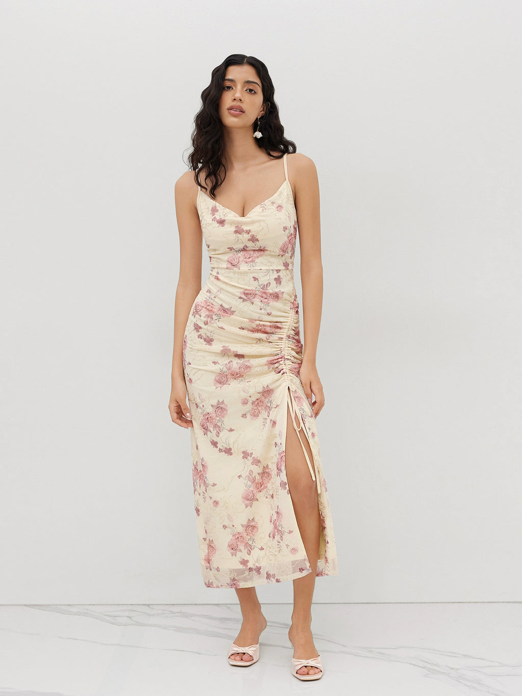 Floral Drawstring Mesh Bandeau Pleated Long Slip Dress
