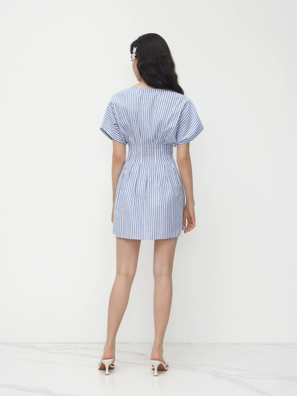 Cotton-Blend V-Neck Striped Waist Cropped Shirt Dress