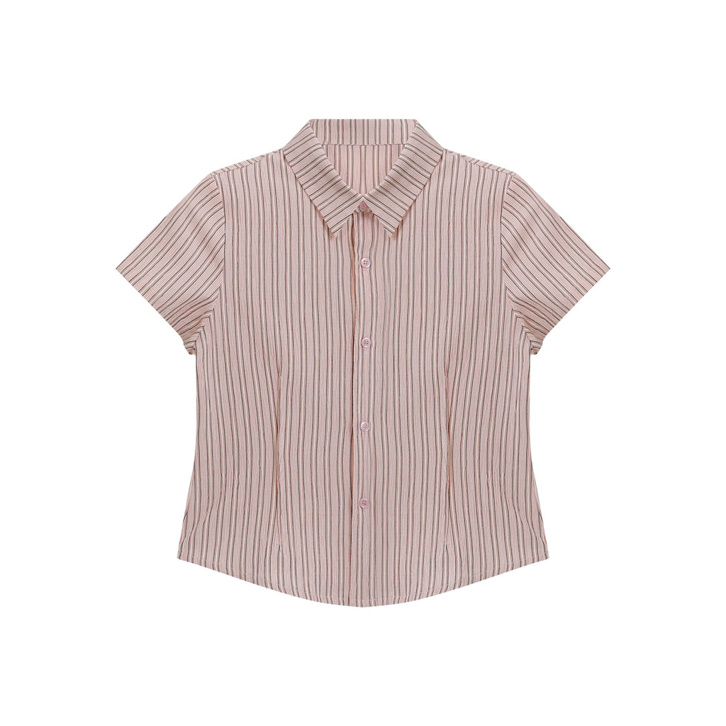 Retro Chic 90S y2k Babes Slim Waist Straight Shoulder Lotus Pink Contrast Striped Short Sleeve Shirt