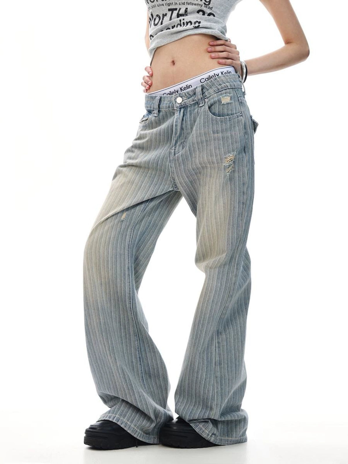 Retro Wash Vertical Stripe Jeans Men's and Women's Loose American CleanFit High Street Pants