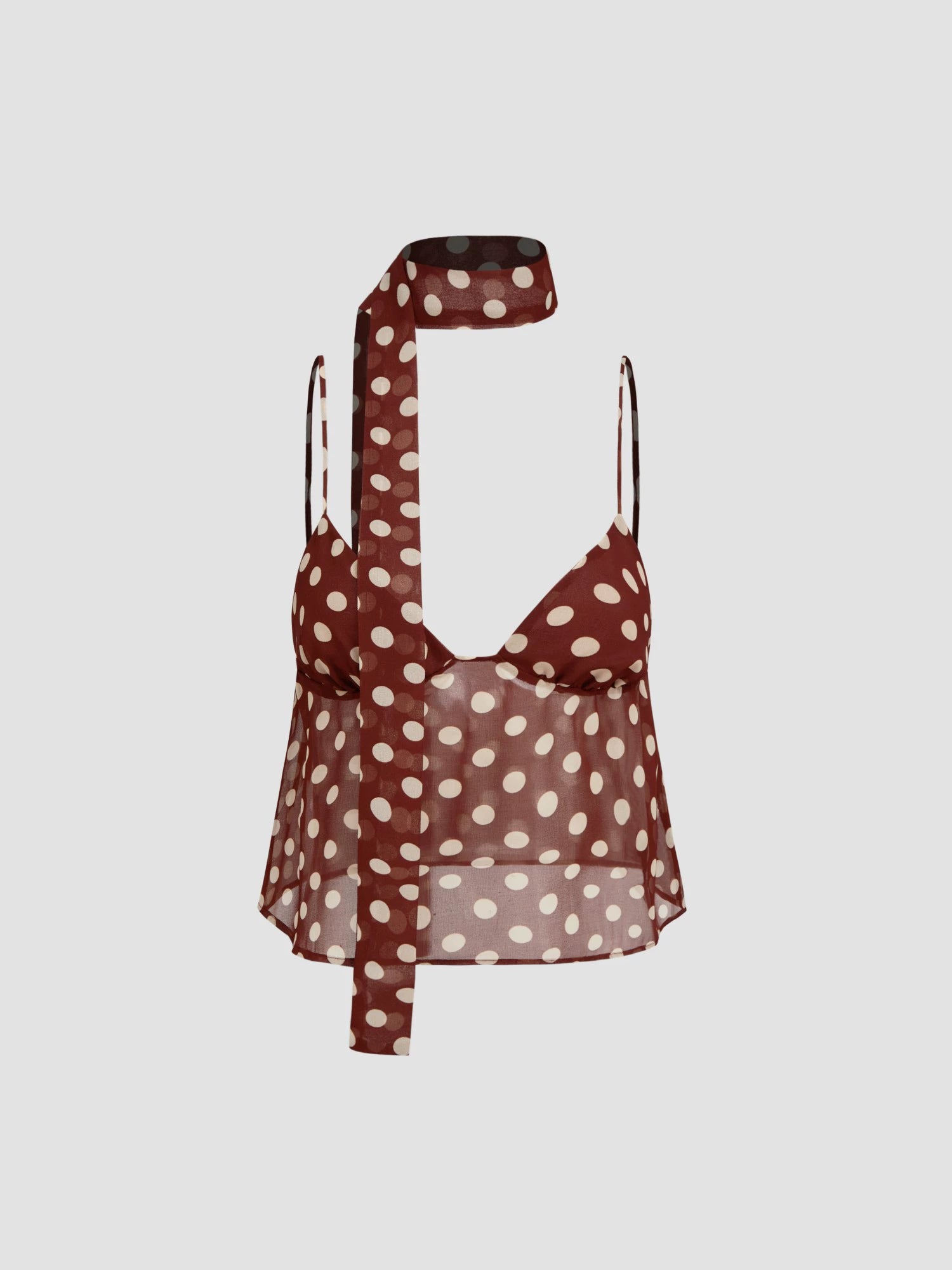 Brown American Vintage Polka Dot Short Chiffon Backless Suspender Top with Lace-up Silk Scarf