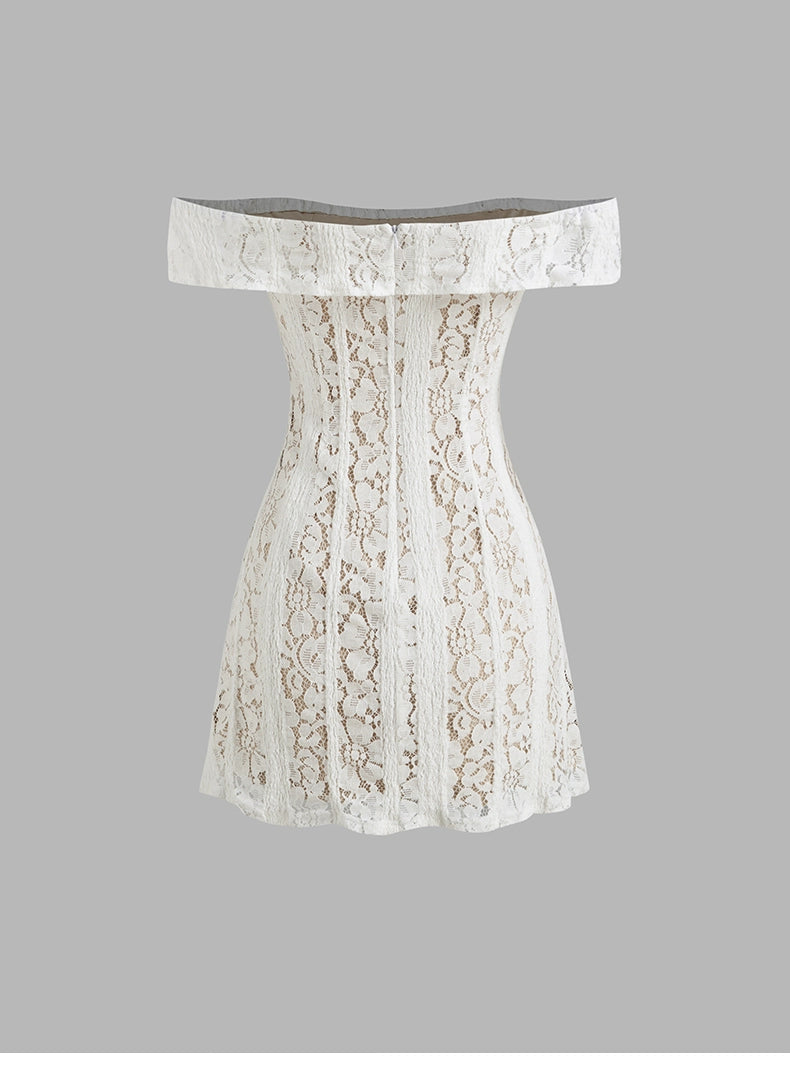 Lace Straight Neck Off-the-Shoulder Short Skirt Lace-up Waist Cropped Mesh One-Shoulder Dress