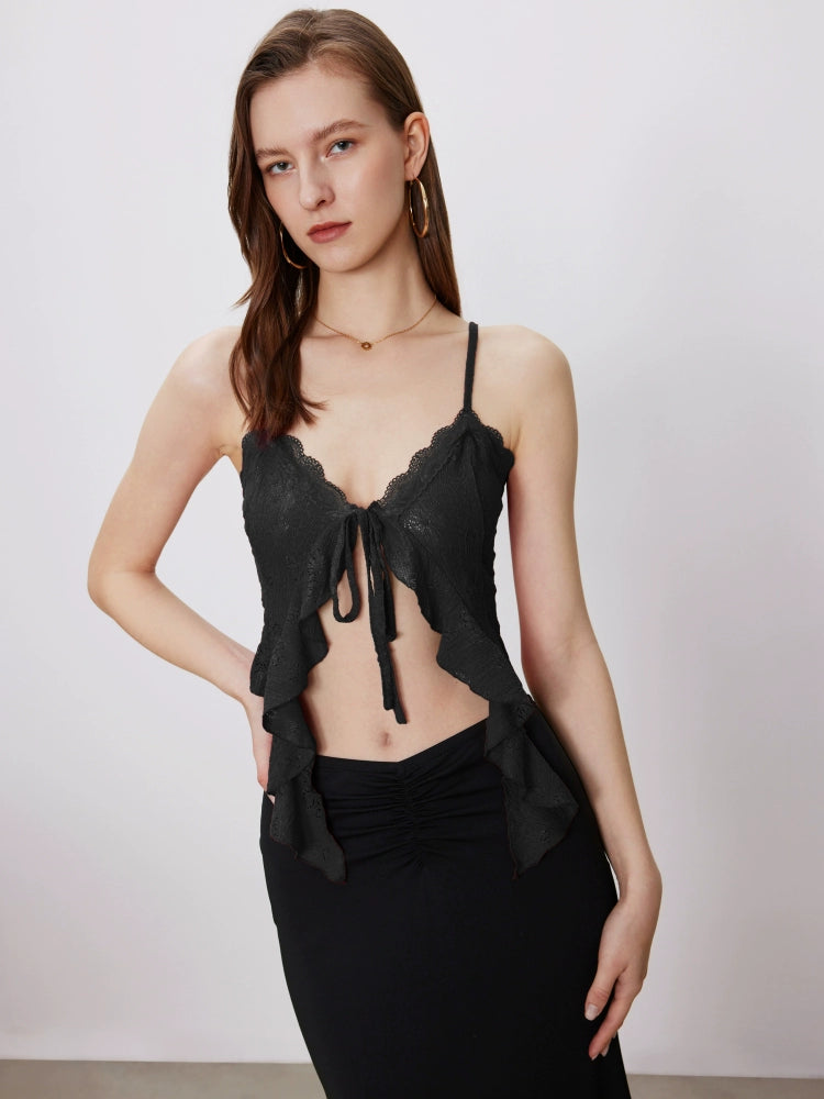 lace-up ruffled short knitted top