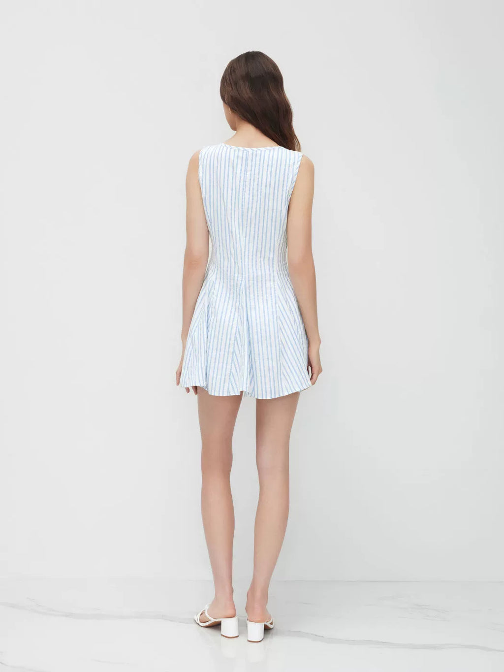 Cotton-Blend Striped Lace-Up Front Pleated Mini Dress